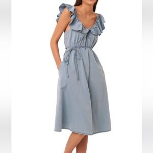 French Connection Sisay Chambray Ruffle Midi Dress 6
